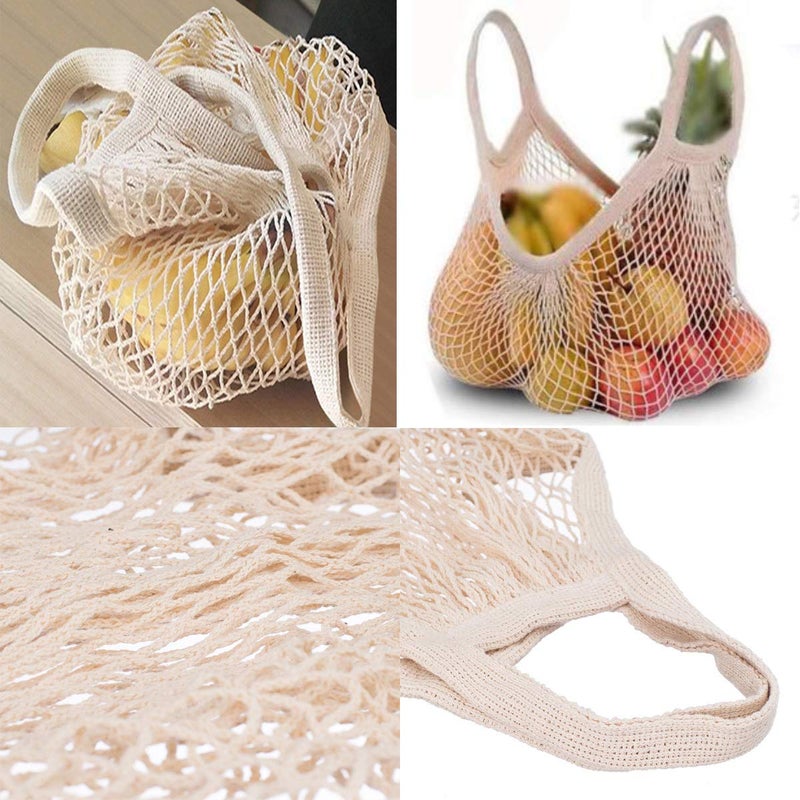 Ahyuan Reusable Cotton Mesh Grocery Bags Cotton String Bag Net Shopping Mesh Bags Pack of 3 (Beige) - Image 3